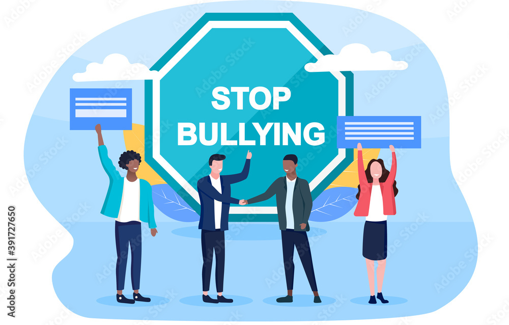 Abstract stop building vector concept. Stop bullying vector concept. Flat cartoon vector illustration with fictional characters Abstract stop building vector concept. Stop bullying vector concept. Flat cartoon vector illustration with fictional characters