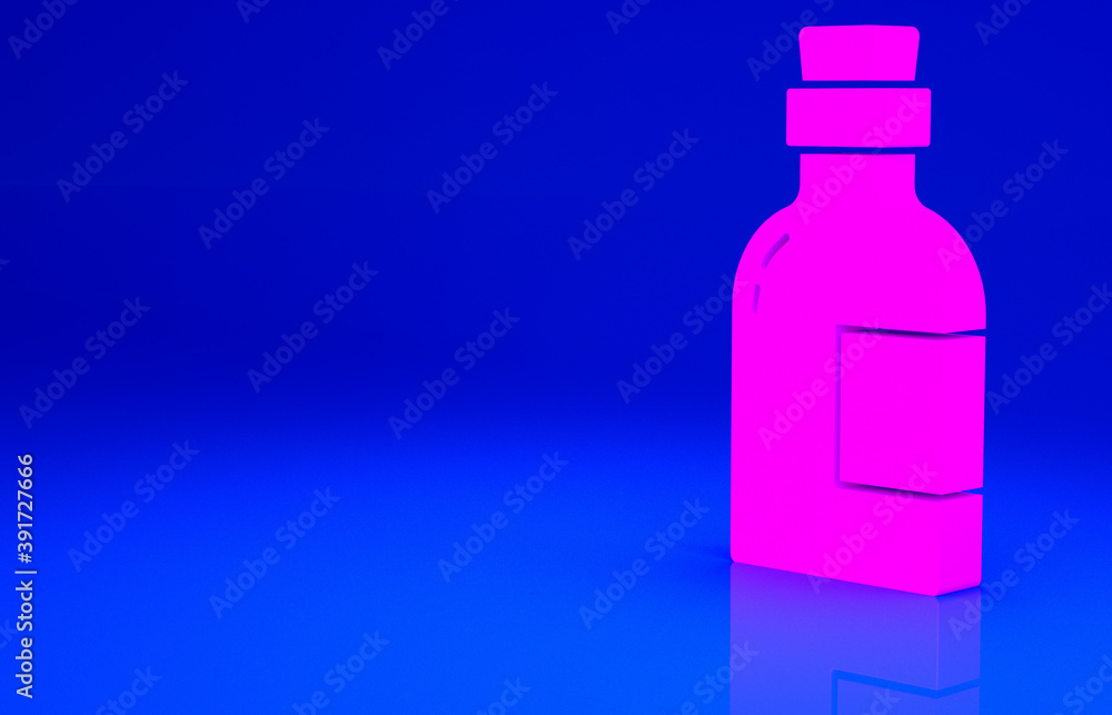 Pink Alcohol drink Rum bottle icon isolated on blue background. Minimalism concept. 3d illustration 3D render. Pink Alcohol drink Rum bottle icon isolated on blue background. Minimalism concept. 3d illustration 3D render.