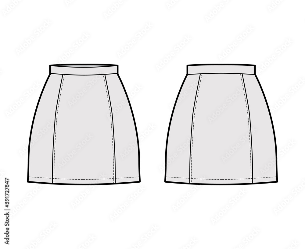 Skirt six gore mini pencil fullness technical fashion illustration with ...