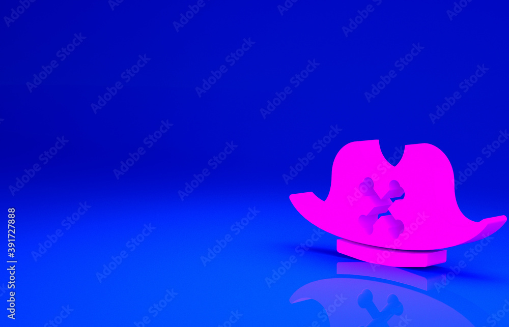 Pink Pirate hat icon isolated on blue background. Minimalism concept. 3d illustration 3D render. Pink Pirate hat icon isolated on blue background. Minimalism concept. 3d illustration 3D render.