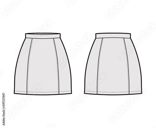 Skirt six gore mini pencil fullness technical fashion illustration with fitted silhouette, thin waistband. Flat bottom template front, back, grey color style. Women, men, unisex CAD mockup