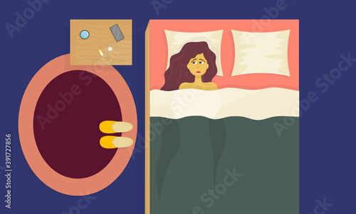 The concept of insomnia. A sleepless girl lies in bed with her eyes open, trying to sleep. The room has a bed and a nightstand with pills, a glass of water and a phone. Vector illustration..