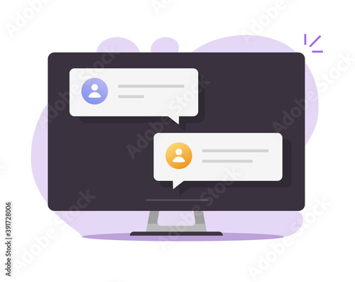 Chat text messages online notices on desktop computer pc screen with chatting bubble speeches vector flat cartoon isolated, web digital internet chatting messenger app notifications