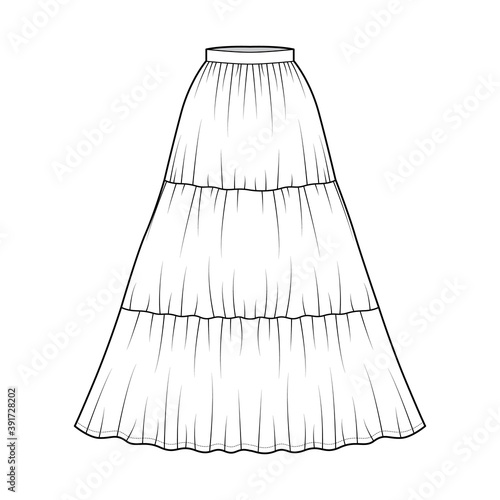 Skirt gypsy dirndl technical fashion illustration with maxi floor length silhouette, circular fullness. Flat bottom template front, white color style. Women, men, unisex CAD mockup
