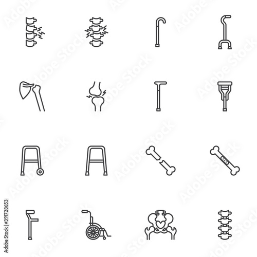 Orthopedic rehabilitation line icons set, outline vector symbol collection, linear style pictogram pack. Signs, logo illustration. Set includes icons as spine bone, wheelchair, crutch, hip joint