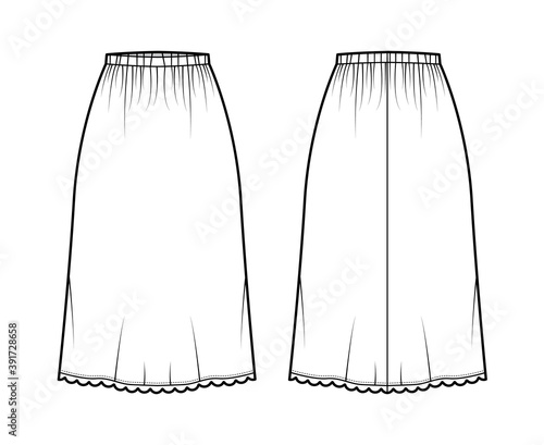 Skirt slip dirndl technical fashion illustration with below-the-knee silhouette, A-line fullness, scalloped edge. Flat bottom template front, back white color style. Women, men, unisex CAD mockup