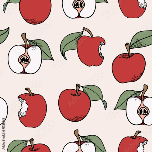 Apples seamless repeat pattern, hand drawn apple fruit pattern, vintage style. Apple, fruit seamless repeat pattern, illustration.