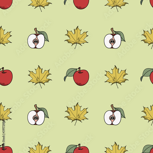 Apples and leaves seamless repeat pattern design, geometric layout, maple leaves and hand drawn apples. Vector design.. Autumn apples and leaves seamless pattern vector.