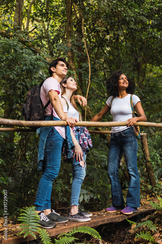 Friends enjoying the beauty of nature, wearing comfortable clothes for hiking, looking in the distance, exploring the trails of the jungle - Young people hiking in the jungle.