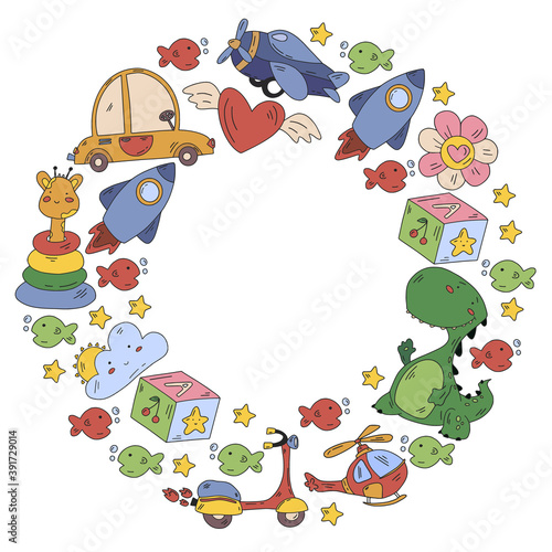 Kindergarten  toys vector pattern. Little children creativity and imagination. Online education  educational games.