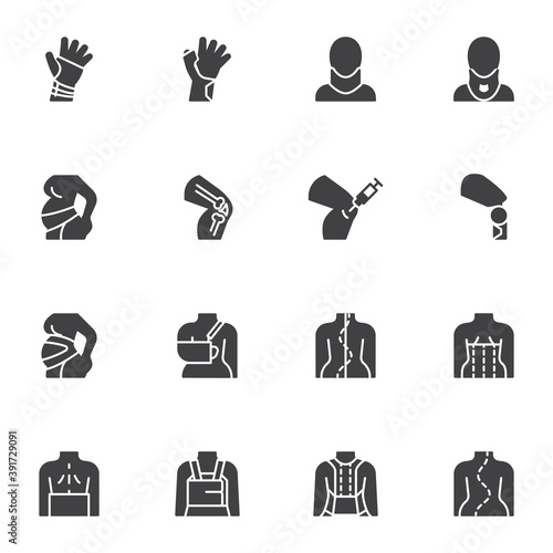 Orthopedic rehabilitation vector icons set, modern solid symbol collection, filled style pictogram pack. Signs logo illustration. Set includes icons as spine correction, prosthesis leg, knee injection