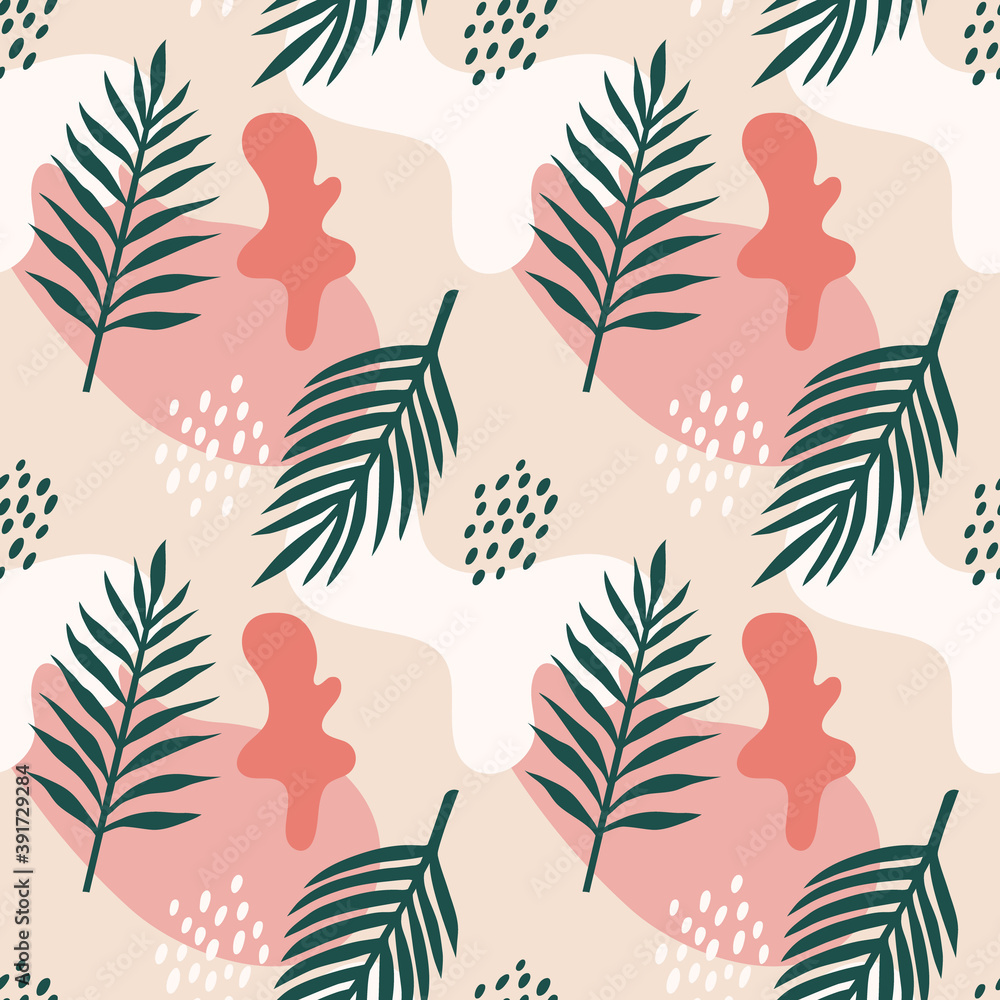 Vector seamless pattern with tropical palm leaves. Graphic stylized drawing. Vector seamless pattern with tropical palm leaves. Graphic stylized drawing.