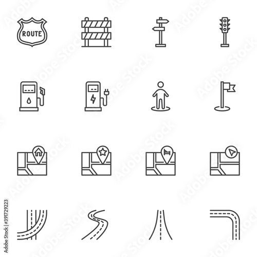 Road trip line icons set, outline vector symbol collection, linear style pictogram pack. Signs, logo illustration. Set includes icons as gps navigation, map location pin, traffic light, petrol station