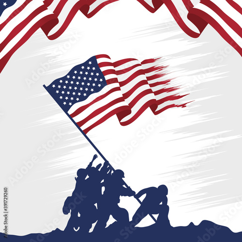 happy veterans day celebration card with soldiers lifting usa flag