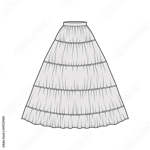 Skirt petticoat for gown technical fashion illustration with maxi floor length silhouette, circular fullness. Flat undergarment bottom template front, grey color style. Women, men, unisex CAD mockup