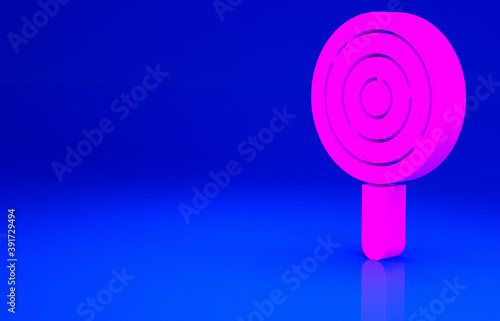 Pink Lollipop icon isolated on blue background. Candy sign. Food, delicious symbol. Minimalism concept. 3d illustration 3D render.