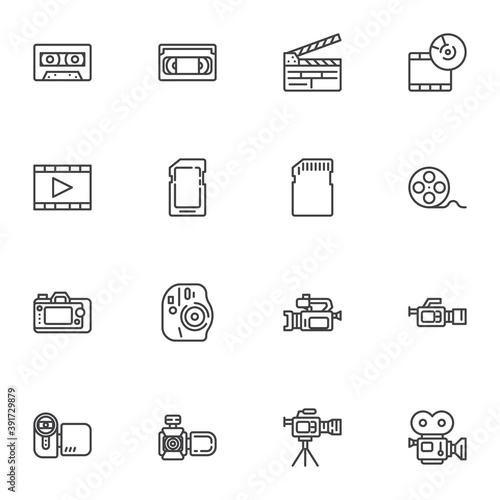 Video and photo line icons set, outline vector symbol collection, linear style pictogram pack. Signs, logo illustration. Set includes icons as audio cassette tape, vhs, photography camera, memory disc
