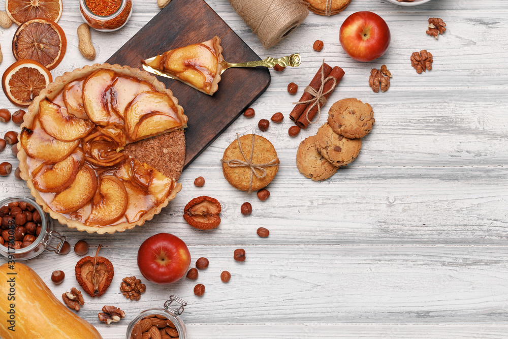 Top view of an apple pie on white wooden surface Top view of an apple pie on white wooden surface