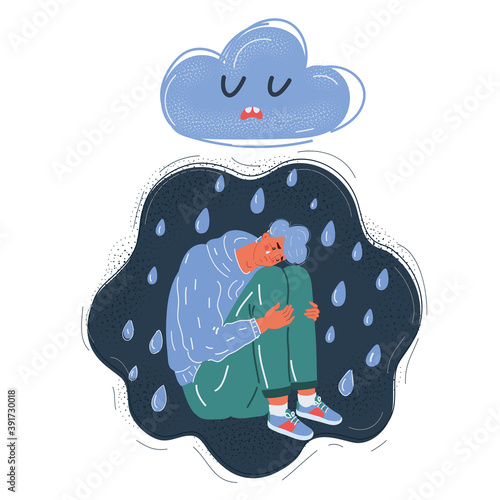 Vector illustration of Image of sad man sitting under thundercloud on dark background.