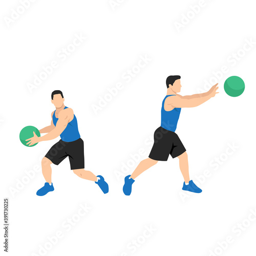 Fototapeta Naklejka Na Ścianę i Meble -  Medicine ball rotational passes exercise. Flat vector illustration isolated on white background. workout character set