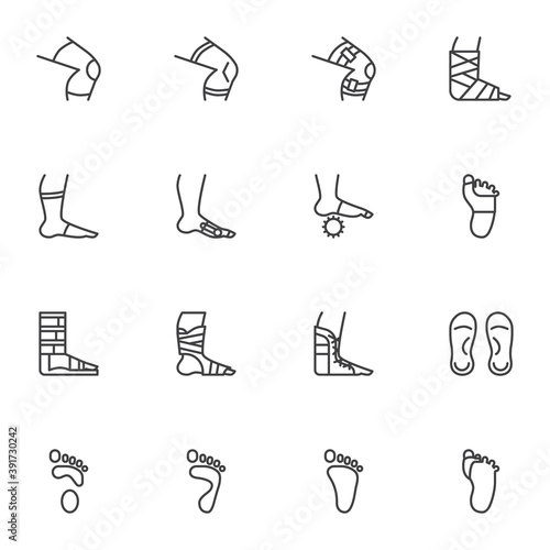 Osteoarthritis line icons set, outline vector symbol collection, linear style pictogram pack. Signs, logo illustration. Set includes icons as leg diseases, foot treatment, podiatry, atherosclerosis