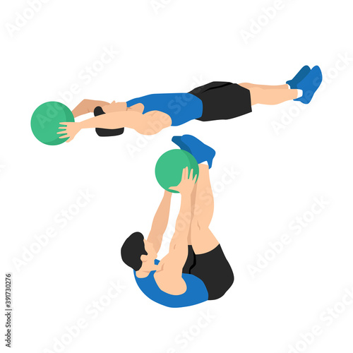 Medicine ball v-ups exercise. Flat vector illustration isolated on white background. workout character set