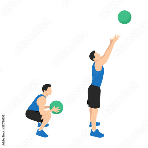 Medicine ball throw exercise. Flat vector illustration isolated on white background. workout character set