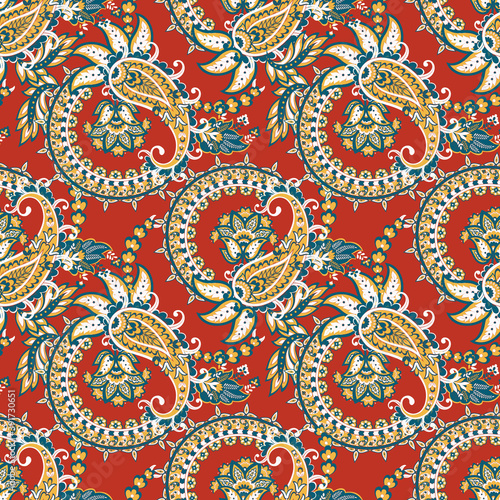 Paisley seamless pattern with flowers in indian style.