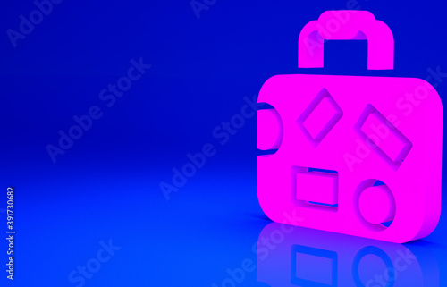 Pink Suitcase for travel icon isolated on blue background. Traveling baggage sign. Travel luggage icon. Minimalism concept. 3d illustration 3D render.