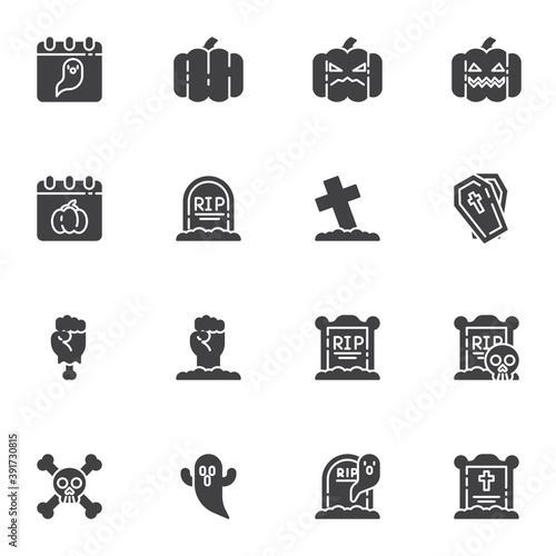 Happy halloween vector icons set, modern solid symbol collection, filled style pictogram pack. Signs, logo illustration. Set includes icons as pumpkin face, calendar, tombstone, coffin, graveyard