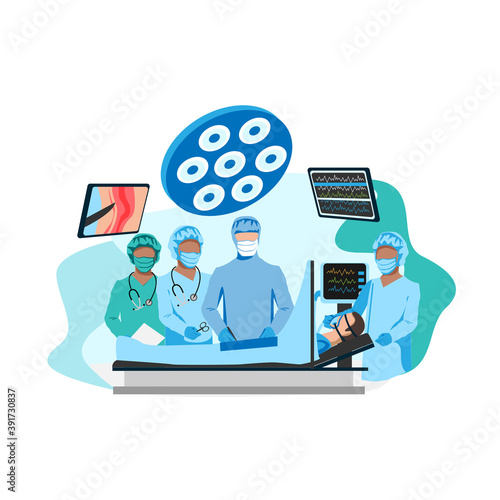 Surgical operation in the operating room. Medical equipment for surgical operations. Thanks to the doctors and nurses. Vector illustration isolated on a white background.