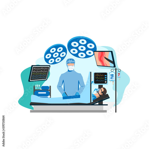 Surgical operation in the operating room. Medical equipment for surgical operations. Thanks to the doctors and nurses. Vector illustration isolated on a white background.