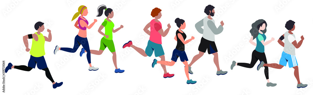 Running people flat vector illustration. Runners, athletes, sportive men and women . Marathon, exercise and athletics. Isolated design element