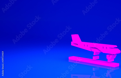 Pink Plane icon isolated on blue background. Flying airplane icon. Airliner sign. Minimalism concept. 3d illustration 3D render.