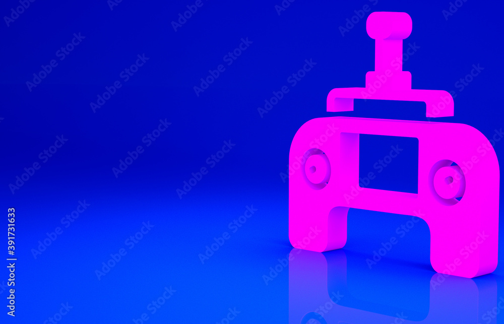 Pink Drone radio remote control transmitter icon isolated on blue background. Minimalism concept. 3d illustration 3D render.