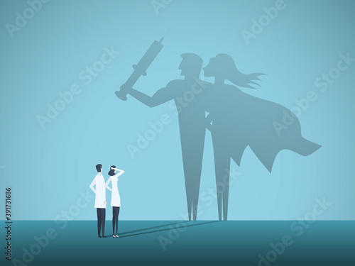 Doctor hero fighting coronavirus with vaccine. Global coronavirus pandemics fight.