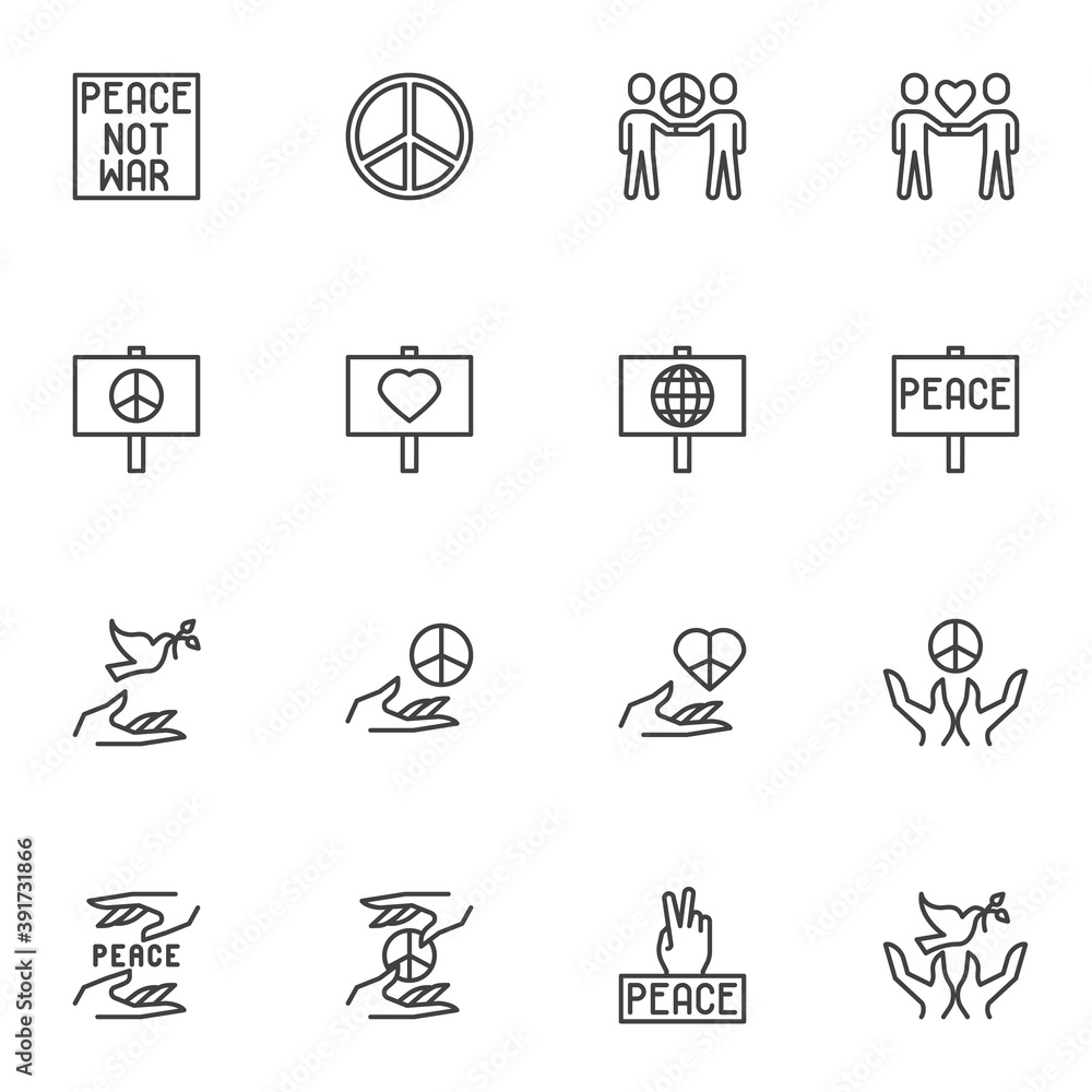International peace day line icons set, outline vector symbol collection, linear style pictogram pack. Signs, logo illustration. Set includes icons as people friendship, hands with pigeon, heart
