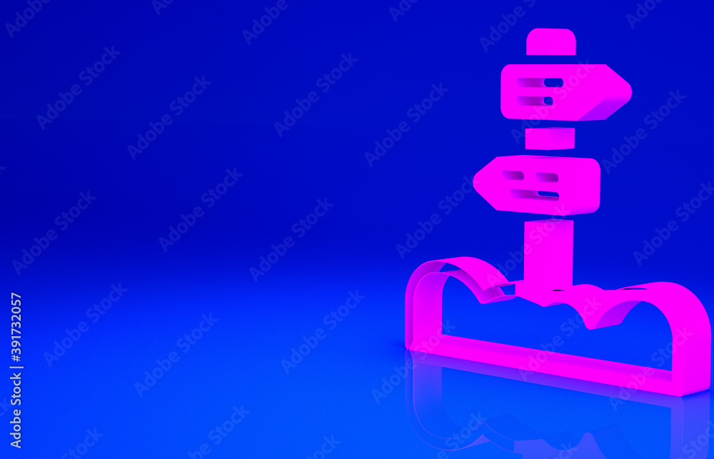 Pink Road traffic sign. Signpost icon isolated on blue background. Pointer symbol. Street information sign. Direction sign. Minimalism concept. 3d illustration 3D render. Pink Road traffic sign. Signpost icon isolated on blue background. Pointer symbol. Street information sign. Direction sign. Minimalism concept. 3d illustration 3D render.