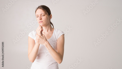 Parkinson's disease symptoms. Close up of tremor (shaking) hands of Middle-aged women patient with Parkinson's disease. Mental health and neurological disorders.