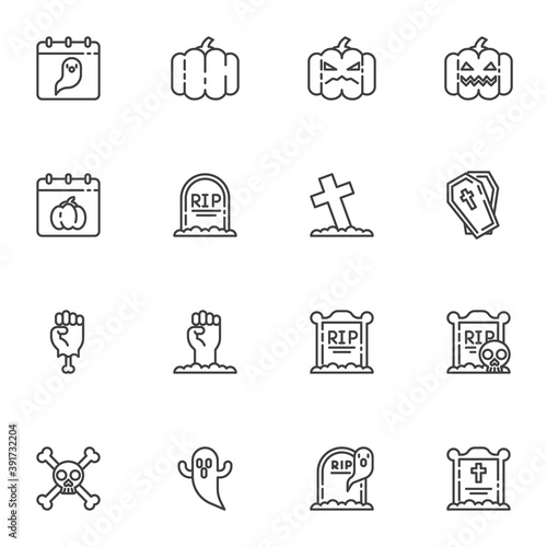 Happy halloween line icons set, outline vector symbol collection, linear style pictogram pack. Signs, logo illustration. Set includes icons as pumpkin face, calendar, tombstone, coffin, graveyard
