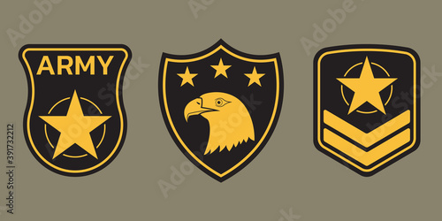 Military badge, army patch and insignia set. Airforce emblem with eagle and stars. Vector illustration.