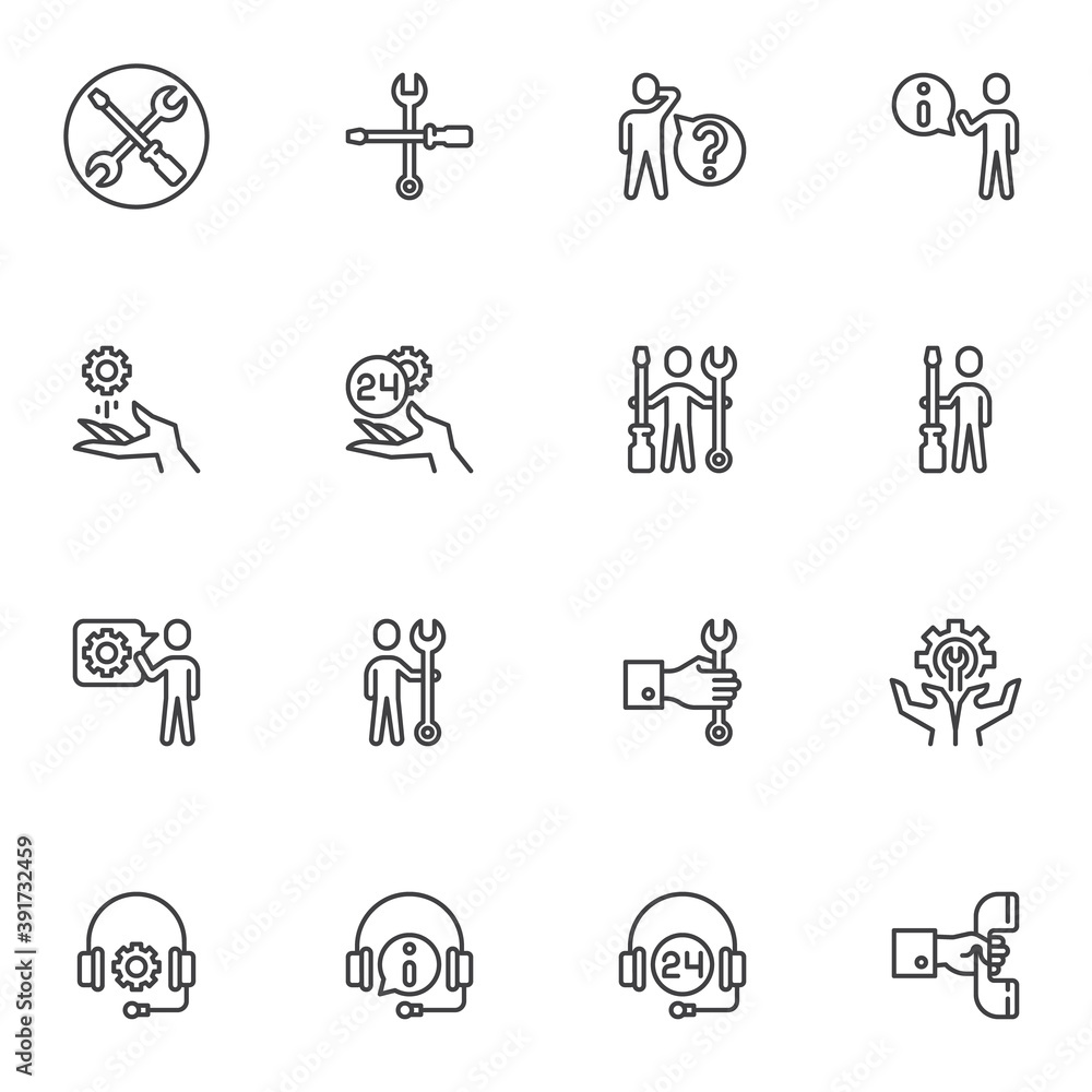 Fototapeta premium Support, Technical Assistance line icons set, outline vector symbol collection, linear style pictogram pack. Signs, logo illustration. Set includes icons as operator headset, repair service, faq