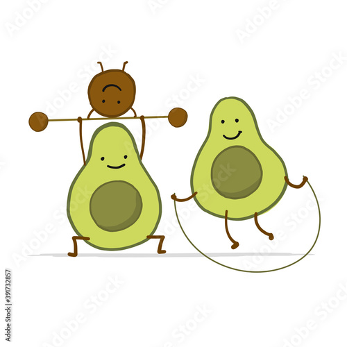 Funny Avocado cartoon characters doing exercises. Sport Family. Isolated on w...
