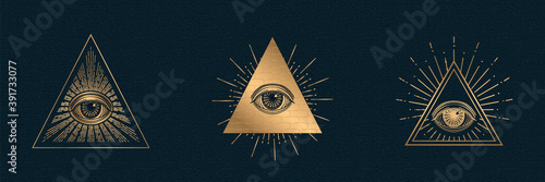 All seeing eye vector, illuminati symbol in triangle with light ray, tattoo design isolated on black background