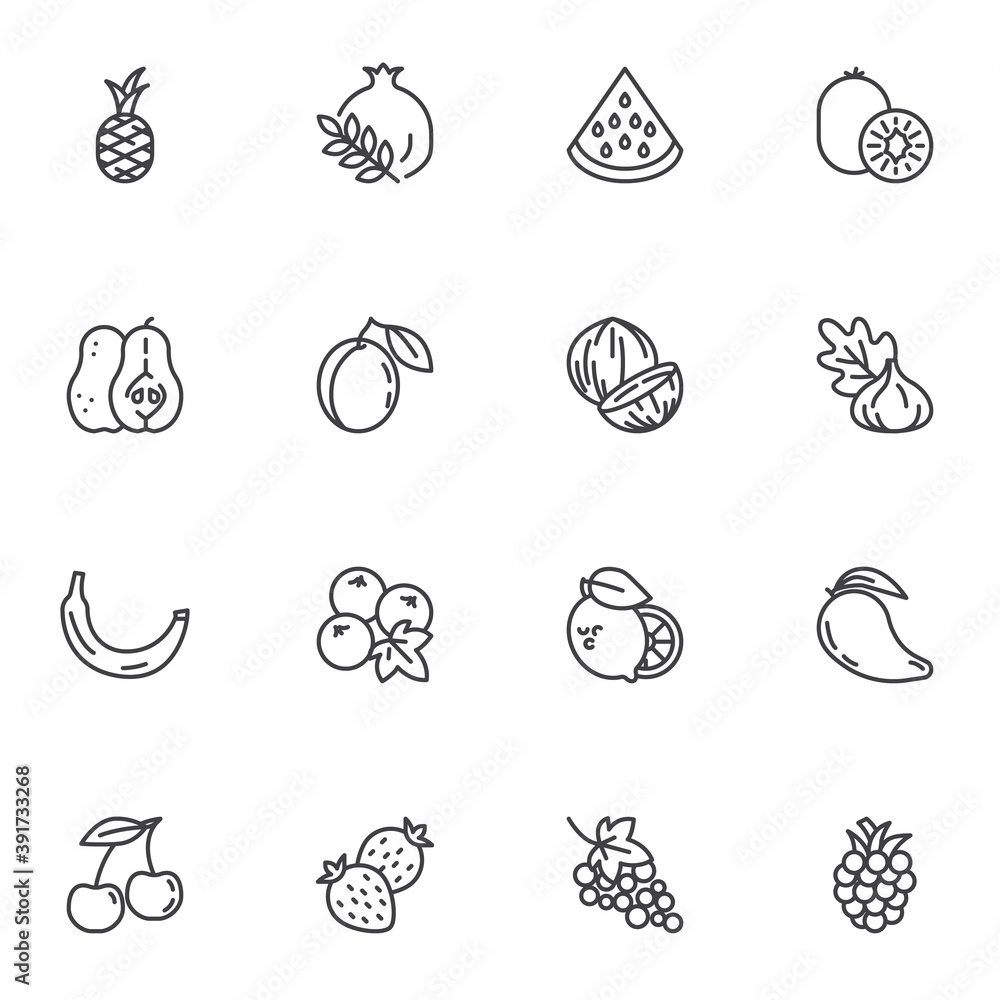 Tropical fruit line icons set, outline vector symbol collection, linear style pictogram pack. Signs, logo illustration. Set includes icons as pineapple, kiwi, pomegranate, banana, watermelon, grape Tropical fruit line icons set, outline vector symbol collection, linear style pictogram pack. Signs, logo illustration. Set includes icons as pineapple, kiwi, pomegranate, banana, watermelon, grape