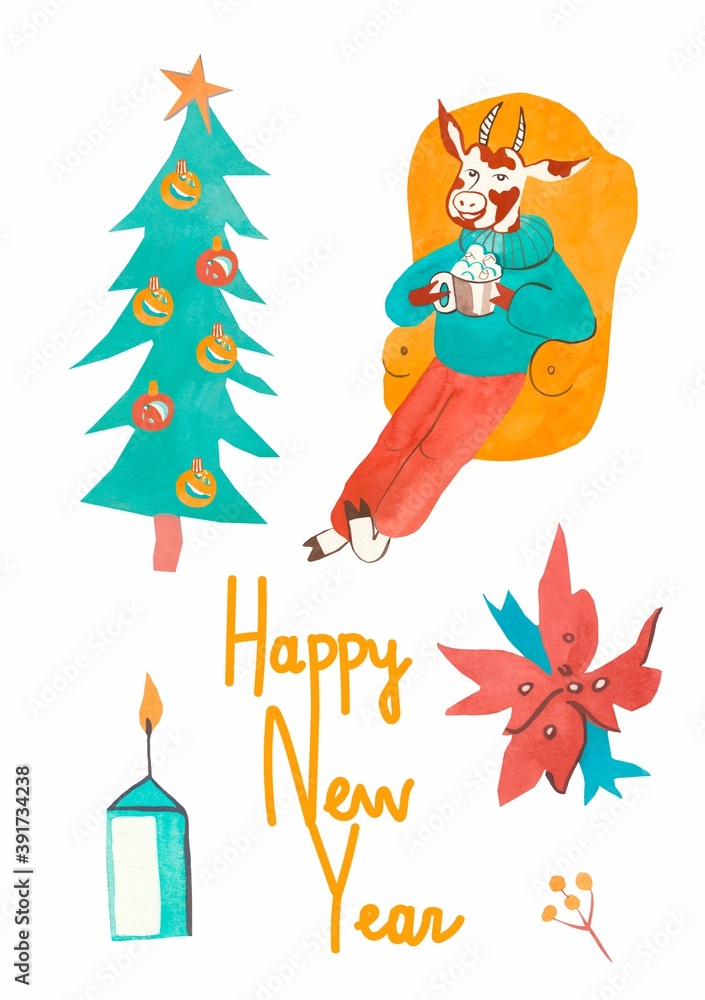Naklejka premium Watercolor card with Christmas tree,candle,poinsettia in blue,orange and red.New Year's greetings on an isolated white background.Design for packaging,social networks,posters,invitations.