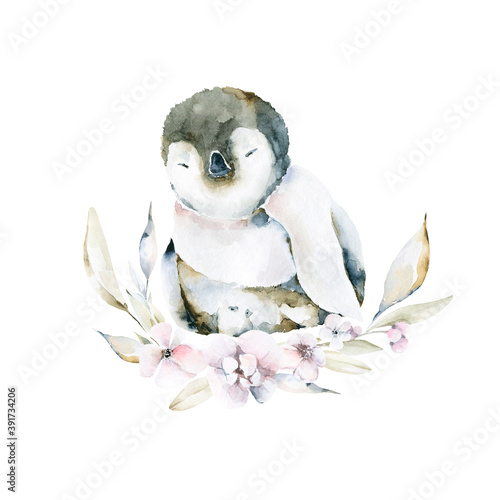Hand drawing watercolor set of cute penguin and wreath of pink flowers and leaves. Iillustration perfect for greeting cards, posters for St Valentine day, birthday, baby shower. © 60seconds