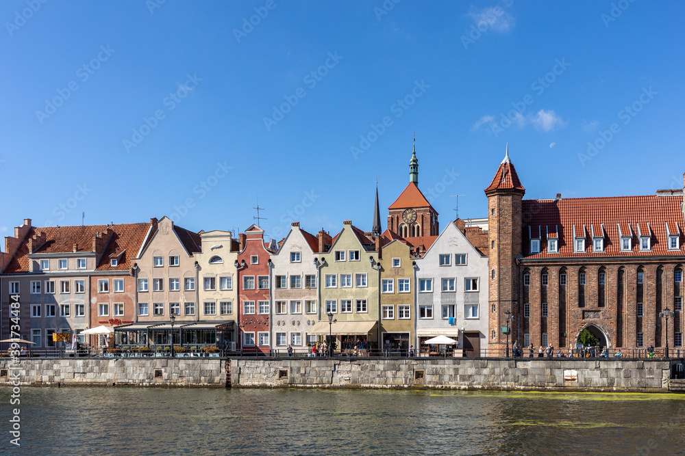  Gdansk, Old Town - historic tenement houses with gables on the banks of the River Motlawa, Poland