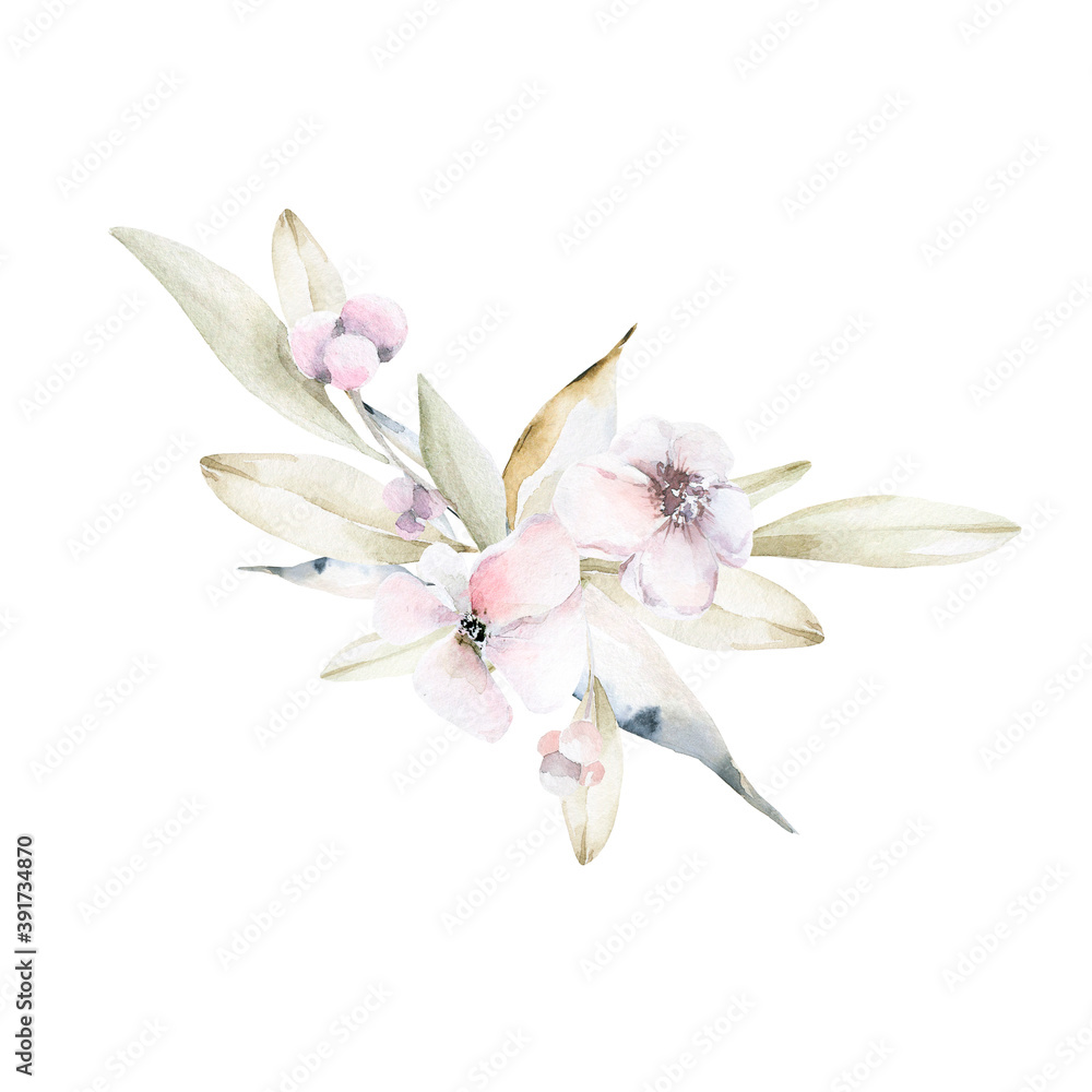 Naklejka premium Hand drawing watercolor composition of pink flowers and leaves. Iillustration perfect for greeting cards, posters, scrapbooking.