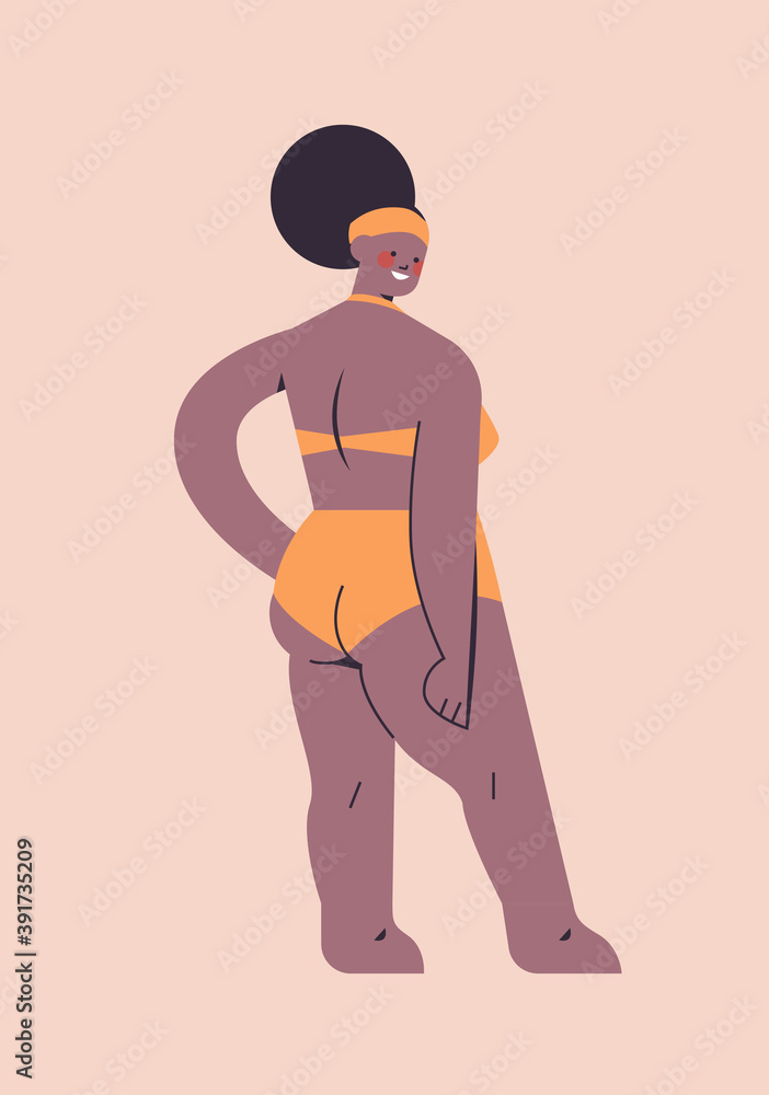 african american plus size girl in bikini overweight woman standing pose love your body concept full length vertical vector illustration